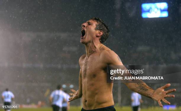 Argentina's forward Martin Palermo celebrates after scoring a goal against Peru during their FIFA World Cup South Africa-2010 qualifier football...