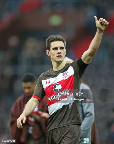 Johannes Flum of St. Pauli gestures after the Second Bundesliga match between FC St. Pauli and SV Darmstadt 98 at Millerntor Stadium on January 28,...