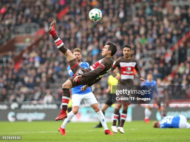 Waldemar Sobota of St. Pauli controls the ball during the Second Bundesliga match between FC St. Pauli and SV Darmstadt 98 at Millerntor Stadium on...