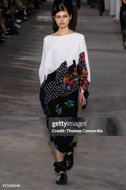 Model walks the runway wearing 3.1 Phillip Lim Fall 2018 at Skylight Clarkson North on February 12, 2018 in New York City.