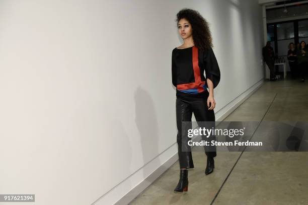 Model walks for Zero + Maria Cornejo Presentation during New York Fashion Week on February 12, 2018 in New York City.