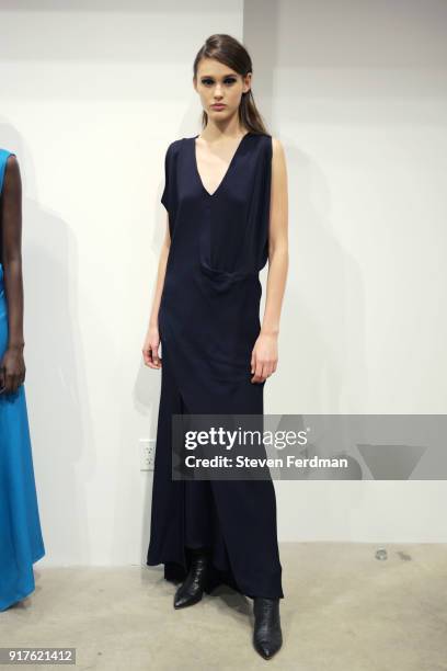 Model poses for Zero + Maria Cornejo Presentation during New York Fashion Week on February 12, 2018 in New York City.