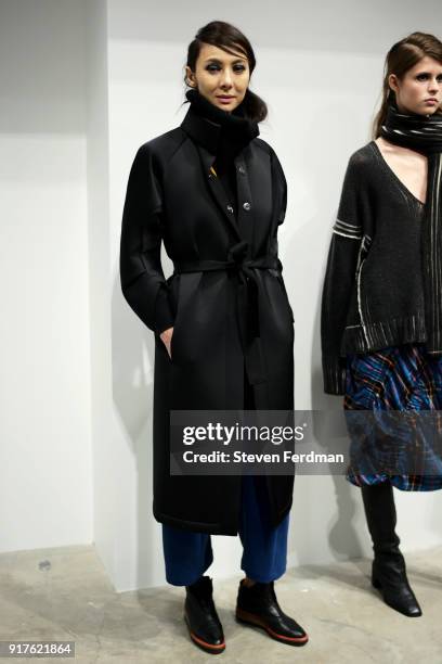 Model poses for Zero + Maria Cornejo Presentation during New York Fashion Week on February 12, 2018 in New York City.