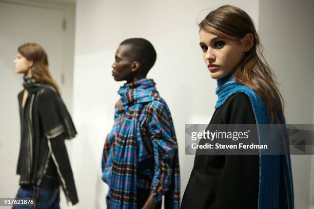 Models pose for Zero + Maria Cornejo Presentation during New York Fashion Week on February 12, 2018 in New York City.