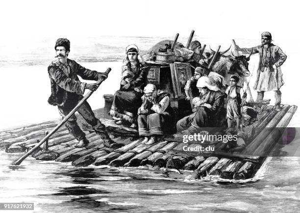 illustrations, cliparts, dessins animés et icônes de famille fuyant sur une rivière, dans un radeau en bois - réfugiés et personnes déplacées