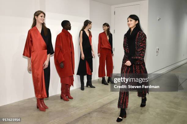 Models pose for Zero + Maria Cornejo Presentation during New York Fashion Week on February 12, 2018 in New York City.