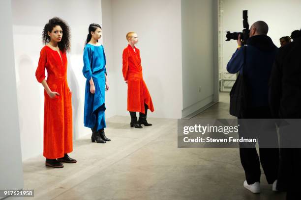 Models pose for Zero + Maria Cornejo Presentation during New York Fashion Week on February 12, 2018 in New York City.