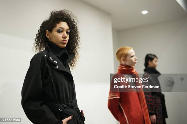 Models pose for Zero + Maria Cornejo Presentation during New York Fashion Week on February 12, 2018 in New York City.