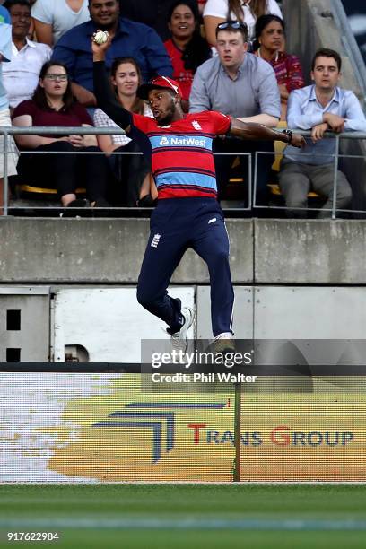 Chris Jordan of England takes a catch over the boundry to dismiss Colin de Grandhomme of the Blackcaps during the International Twenty20 match...