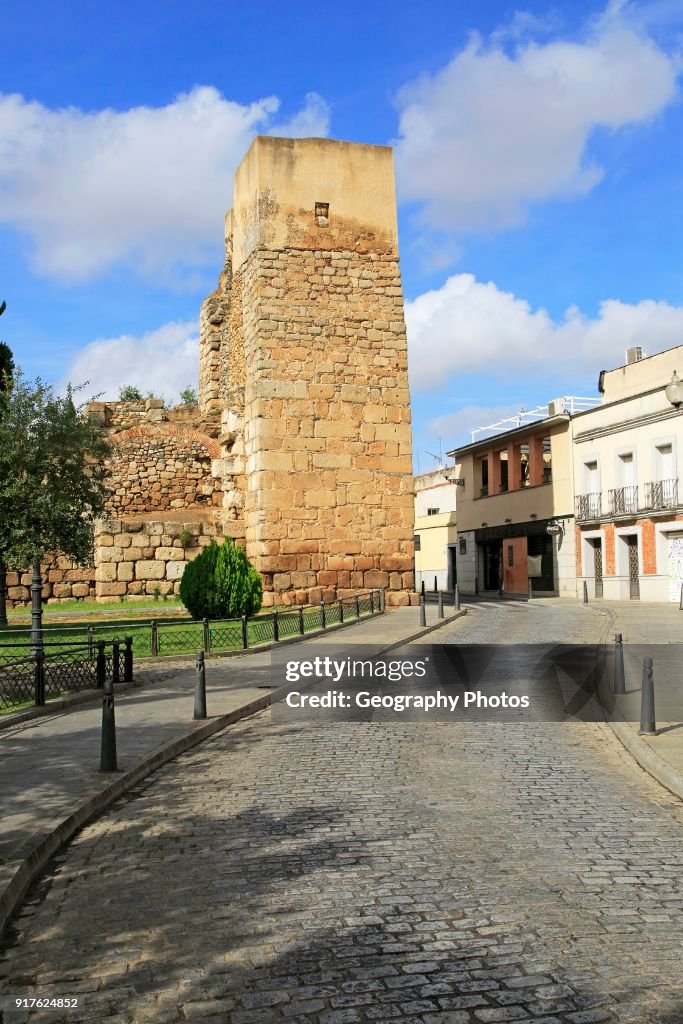 Tower on walls of Alcazaba castle building, Merida, Extremadura, Spain