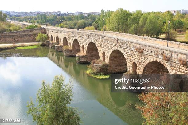 Puente Romano, Roman bridge crossing, Rio Guadiana River, Merida, Extremadura, Spain.