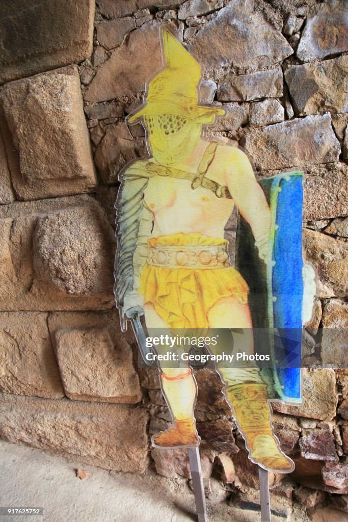 Myrmillo or Murmillo gladiator model, Circa Romano hippodrome, Merida, Extremadura, Spain