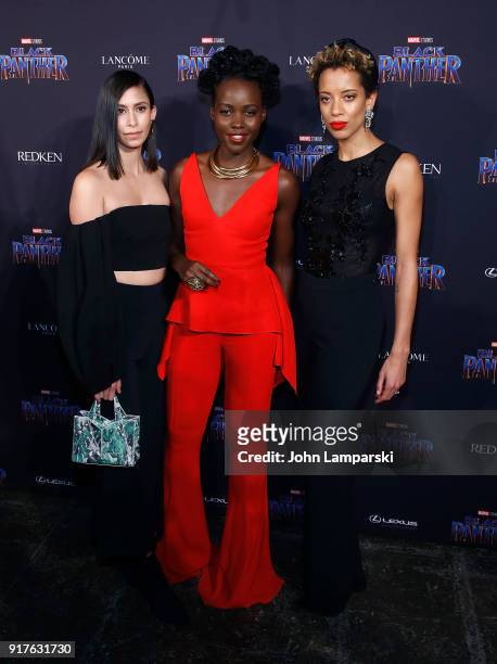 Michelle Ochs, Lupita Nyong'o and Carly Cushine attend Marvel Studios Presents: Black Panther Welcome To Wakanda during February 2018 New York...