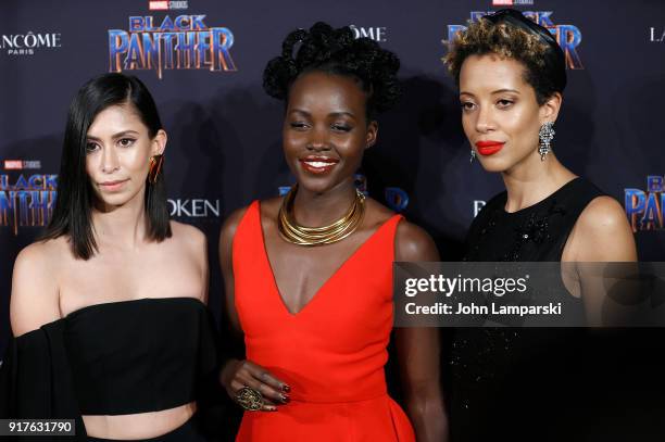 Michelle Ochs, Lupita Nyong'o and Carly Cushine attend Marvel Studios Presents: Black Panther Welcome To Wakanda during February 2018 New York...