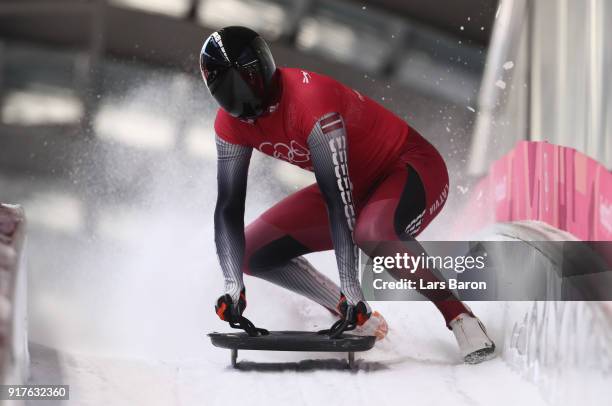 Tomass Dukurs of Latvia trains during the Mens Skeleton training session on day four of the PyeongChang 2018 Winter Olympic Games at Olympic Sliding...