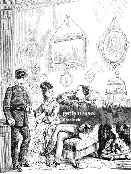 couple sitting on a sofa, talking - force field stock illustrations