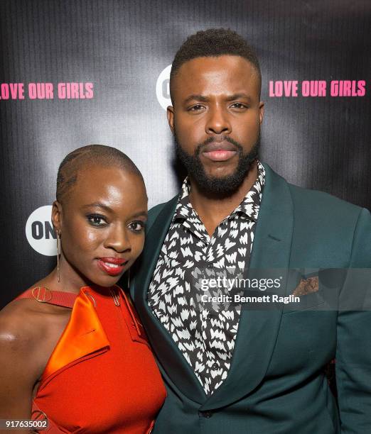 Actors Danai Gurira and Winston Duke pose for a picture during the Danai x One x Love Our Girls celebration at The Top of The Standard on February...