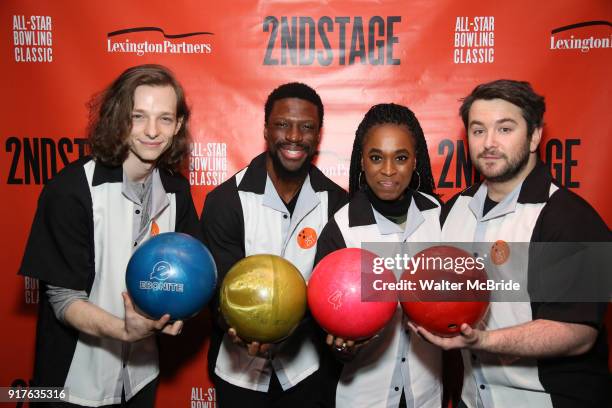 Mike Faist, Michael Luwoye, Kristolyn Lloyd and Alex Brightman attend the Second Stage Theatre 2018 Bowling Classic at Lucky Strike on February 12,...