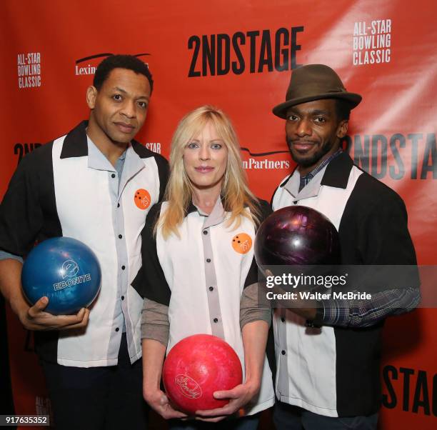 Derrick Baskin, Sherie Rene Scott and Daniel J. Watts attend the Second Stage Theatre 2018 Bowling Classic at Lucky Strike on February 12, 2018 in...