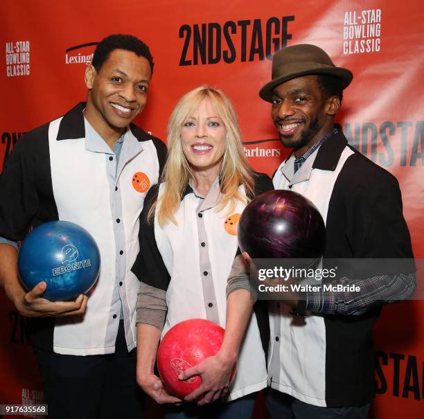 Derrick Baskin, Sherie Rene Scott and Daniel J. Watts attend the Second Stage Theatre 2018 Bowling Classic at Lucky Strike on February 12, 2018 in...