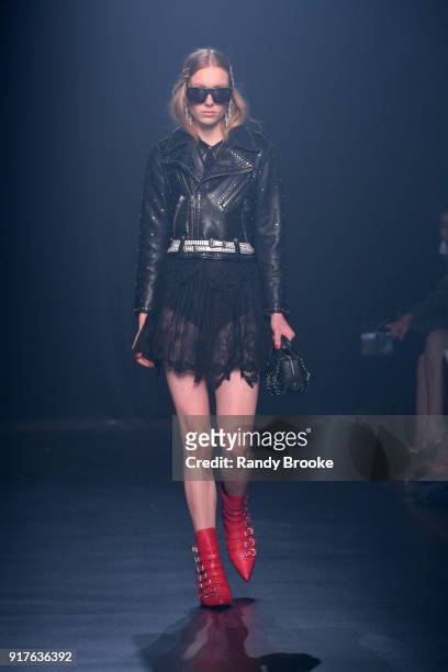 Model walks the runway at the Zadig & Voltaire february 2018 New York Fashion Week show at Cedar Lake on February 12, 2018 in New York City.