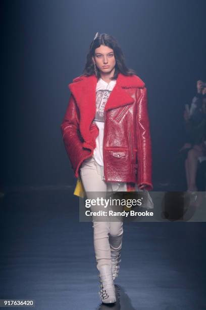 Model walks the runway at the Zadig & Voltaire february 2018 New York Fashion Week show at Cedar Lake on February 12, 2018 in New York City.