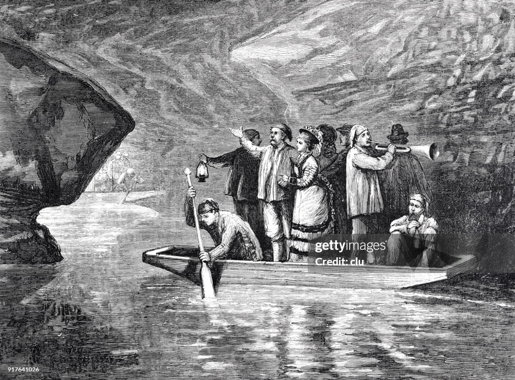 The Mammoth Cave in Kentucky: people in a boat