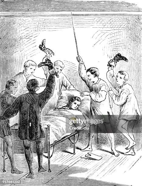 young men dance around a comrade's bed - man dancing funny stock illustrations