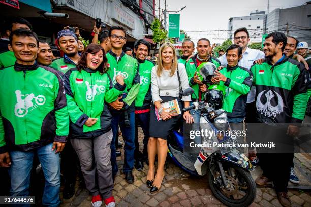 Queen Maxima of The Netherlands visits Go-Jek mobile transport services on February 13, 2018 in Jakarta, Indonesia. Queen Maxima visits Indonesia as...