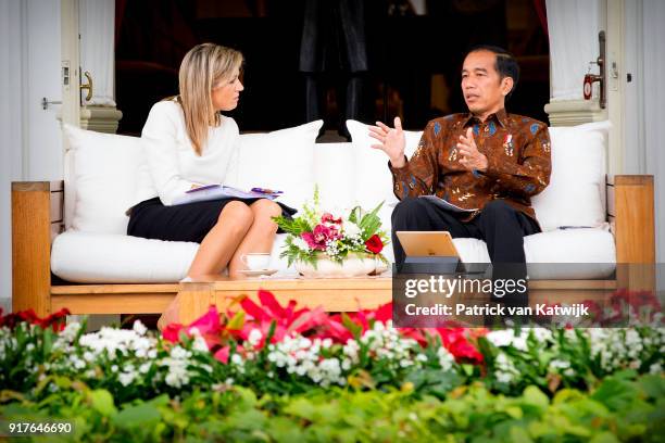 Queen Maxima of The Netherlands visits President Widido on February 13, 2018 in Jakarta, Indonesia. Queen Maxima visits Indonesia as United Nation...