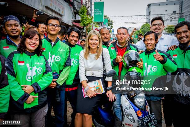Queen Maxima of The Netherlands visits Go-Jek mobile transport services on February 13, 2018 in Jakarta, Indonesia. Queen Maxima visits Indonesia as...