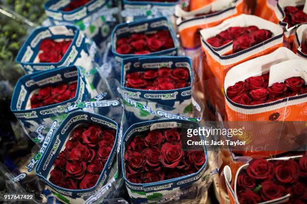 Bunches of roses on display at New Covent Garden Flower Market ahead of Valentine's Day on February 13, 2018 in London, England. New Covent Garden...