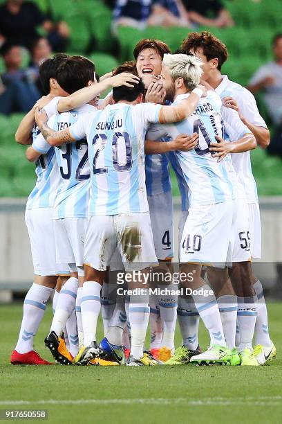Ulsan Hyundai players celebrates a goal by Mislav Orsic of Ulsan Hyundai during the AFC Asian Champions League match between the Melbourne Victory...