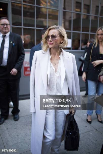 Naomi Watts is seen on the street attending Zadig & Voltaire during New York Fashion Week wearing all-white on February 12, 2018 in New York City.
