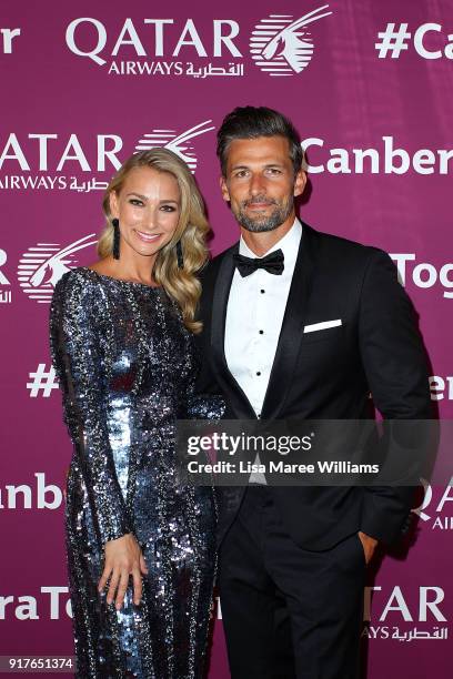 Anna Heinrich and Tim Robards arrive at the Qatar Airways Canberra Launch gala dinner on February 13, 2018 in Canberra, Australia.