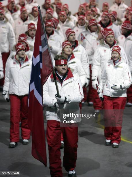 Norway's Curelr paal Trulsen leads his country's athletic delegation into the Olympic Stadium during the opening ceremony of the 2006 Winter Olympics...