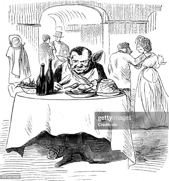 a man in the restaurant eats at a richly laid table - cafe interior stock illustrations