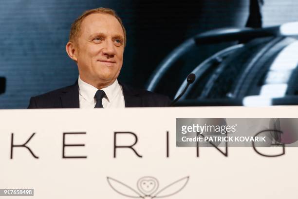 Of French luxury group Kering François-Henri Pinault delivers a speech during the presentation of the group's annual results in Paris on February...
