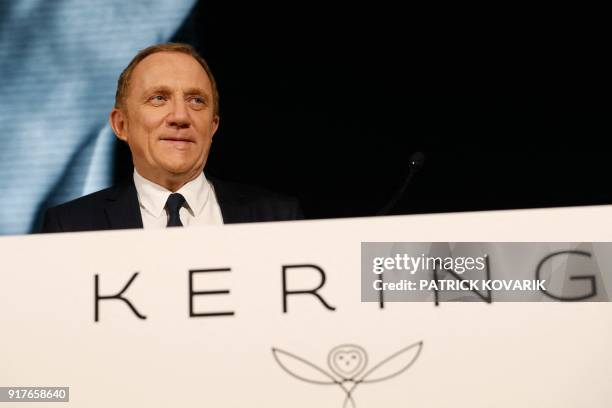 Of French luxury group Kering François-Henri Pinault delivers a speech during the presentation of the group's annual results in Paris on February...