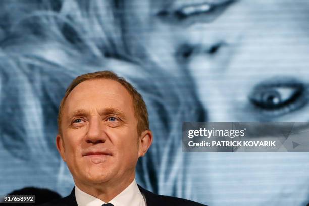 Of French luxury group Kering François-Henri Pinault delivers a speech during the presentation of the group's annual results in Paris on February...