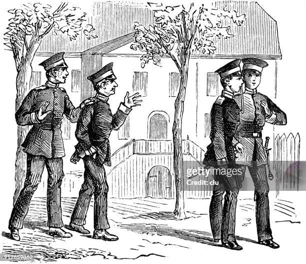 four soldiers take a walk in a village - 1877 stock illustrations