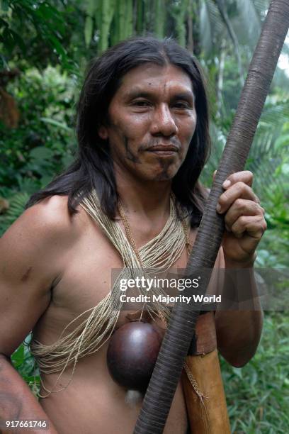 Chief Moi Enomenga in traditional warrior dress. Huaorani Amerindians trying to survive through eco-tourism against the threat of oil multinationals....