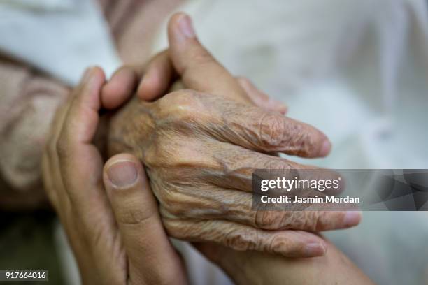 old hands help and love - young woman with grandmother stockfoto's en -beelden