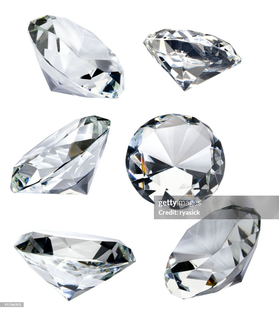 Six Faceted Diamonds Isolated on White with Clipping Path