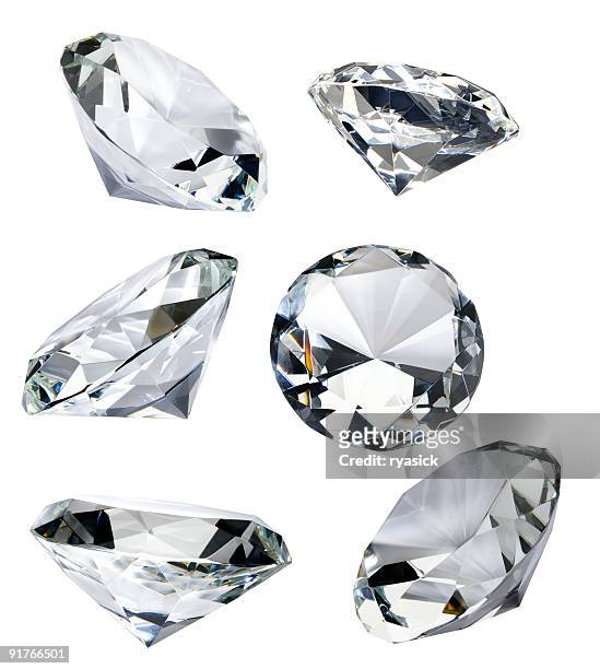 six faceted diamonds isolated on white with clipping path - diamond gemstone stock pictures, royalty-free photos & images