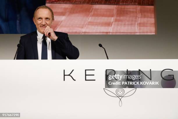 Of French luxury group Kering François-Henri Pinault takes part in the presentation of the group's annual results in Paris on February 2018. / AFP...