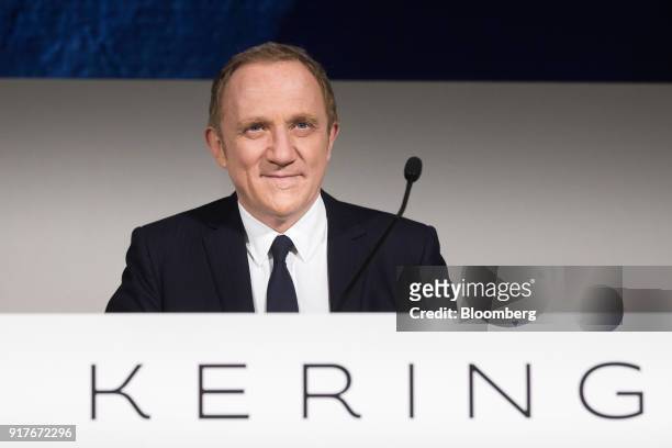 Francois-Henri Pinault, chief executive officer of Kering SA, reacts during a news conference to announce the company's annual results in Paris,...