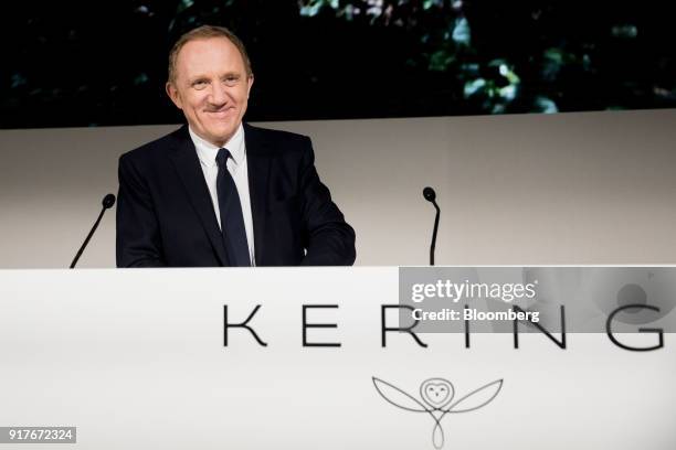 Francois-Henri Pinault, chief executive officer of Kering SA, reacts during a news conference to announce the company's annual results in Paris,...