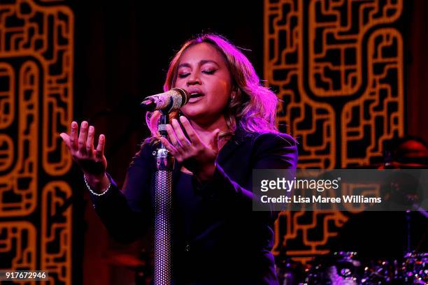 Jessica Mauboy performs during the Qatar Airways Canberra Launch gala dinner on February 13, 2018 in Canberra, Australia.