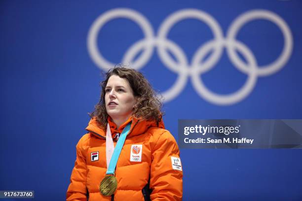 Gold medalist Ireen Wust of the Netherlands poses during the Medal Ceremony for the Ladies 1,500m Long Track Speed Skating on day four of the...